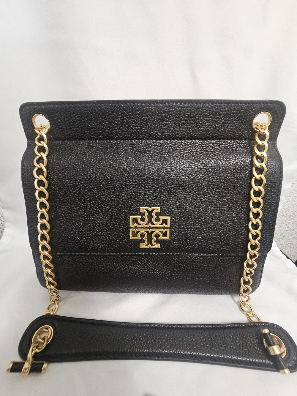 Tory Burch Black Pebbled Leather Chain Shoulder Bag with Gold Hardware